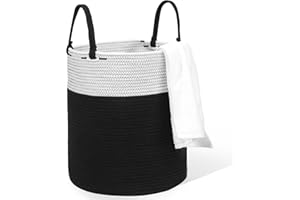 HDRNT Panier à linge tressé en coton, 50 l, avec anse, panier de rangement pour buanderie, chambre d'enfant, salle de bain, 35 x 40 cm (noir)