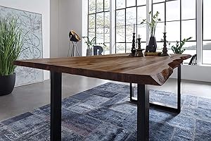 ‎SAM SAM Esstisch 220x100 cm Noah, echte Baumkante, Akazienholz Nussbaum + massiv, Esstisch mit U-Gestell Mattschwarz, Baumkantentisch im Industrial-Design, pflegeleichtes Unikat