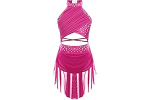 dPois Enfant Fille Robe Patinage Artistique Fille Strass Justaucorps Robe Danse Classique Sans Manches Lyrique Tenue 5-16 Ans
