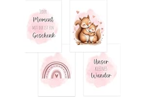 POLYMEDIA 4er Set Baby DIN A3 Bilder Eichhörnchen, Regenbogen und Sprüchen, Poster mit Tiermotiv für Babyzimmer, 200g/m² Papier, Kinderzimmer Wanddeko, Bilderrahmen, Dekoration für Jungen & Mädchen, Rosa