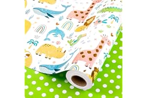 Wikadlik Rotolo di carta da regalo per baby shower, motivo animali della giungla e motivo a pois verdi, per compleanni, neonati, ragazzi e ragazze, 43 cm x 10 m