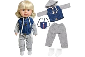 XERTEAM Ropa para muñecas de 14 a 18 Pulgadas, Ropa de 30 a 45 cm, 4 Piezas Nuevas de Jeans/Ropa de Vaquero para muñecas, Blusas, Pantalones, Mochilas, Calcetines, Regalo para niños, niñas y niños