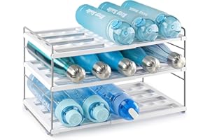 mepure Extendable Water Bottle Storage Organiser, Adjustable Bottle Holder for Kitchen & Cupboard Storage, 3 Tier Wine Rack for Multifunctional Water Bottles, White