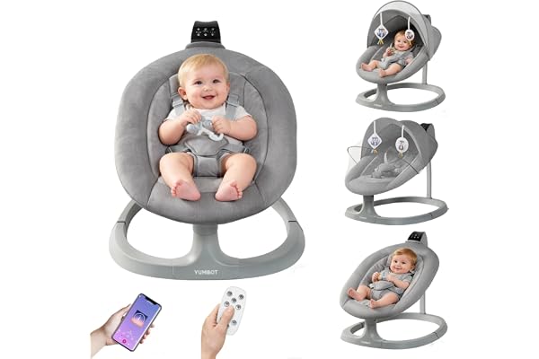 YUMBOT Transat Bebe,Balancelle Bebe Electrique 0 à 12 kg,Pliable avec moustiquaire,5 Vitesses de Balancement Assiette,APP Bluetooth,Harnais à 5 Points,Utilisation intérieure et extérieure,Gris Clair