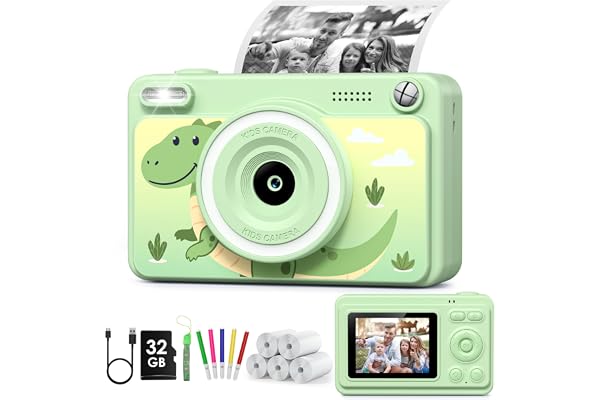 GREENKINDER Appareil Photo Instantané, 2.4" Écran Appareil Photo Enfant avec 32GB & 5 Rouleaux de Papier d'impression, Cadeau Jouet pour Enfant Garçons Filles 3-14 Ans