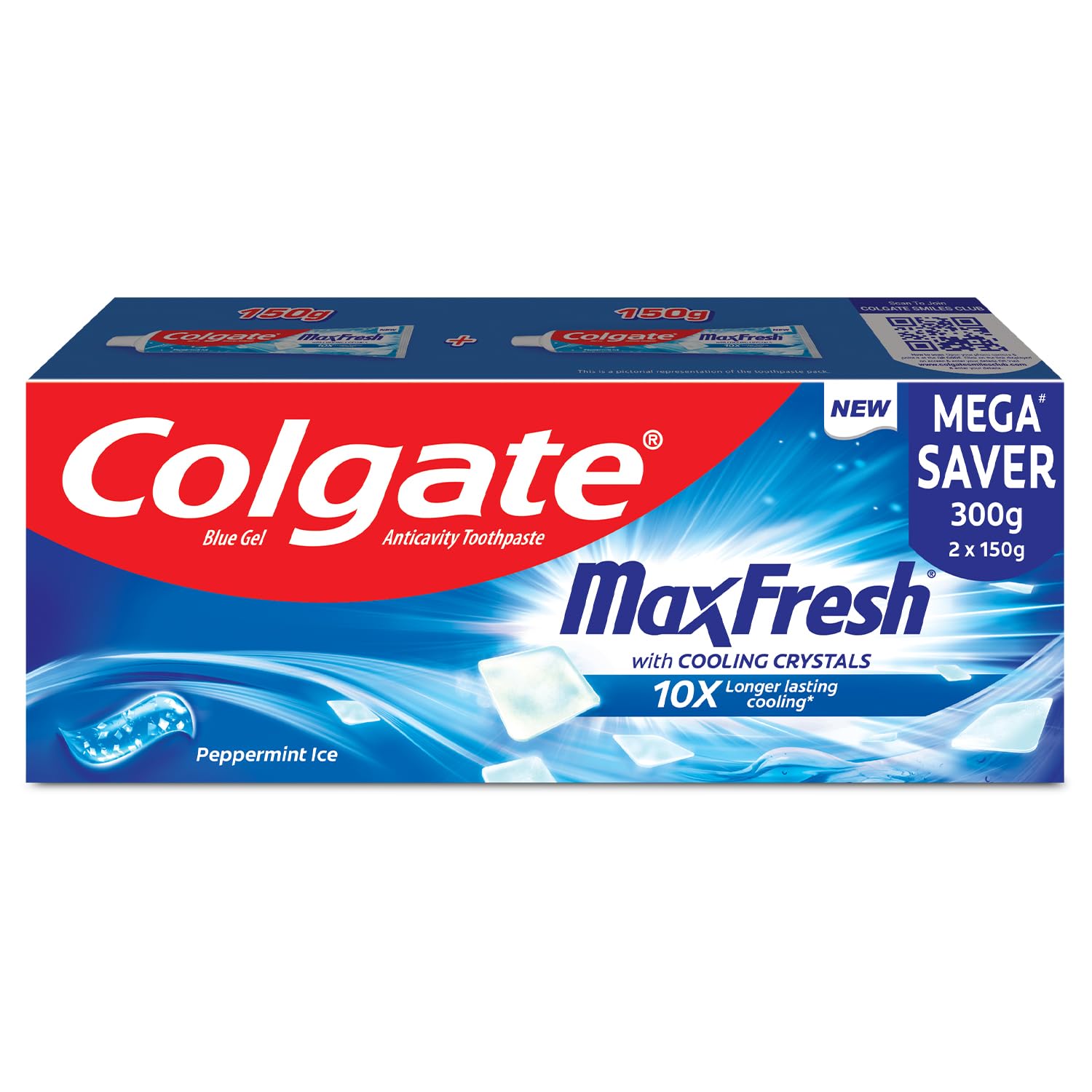 Colgate MaxFresh Toothpaste, Blue Gel Tooth Paste with Menthol for Super Fresh Breath, 300g, 150g X 2 (Peppermint Ice, Combo 