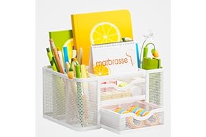 Marbrasse Organizer Scrivania,Multifunzionale Porta Penne da Scrivania,5 Comparti Rete Portaoggetti 2 Cassetti,Portapenne Scrivania,Portapenne per Casa Ufficio(Bianco)