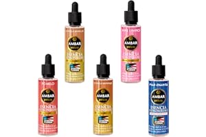 Ambar Perfums Juego 5 Esencias Hidrosolubles de 50 ml, bienestar natural. Tamaño XL. Tecnología Fusión para Humidificador. Aromas Aire Limpio, Nag Champa, Pomelo, Canela-Vainilla, Canela-Naranja