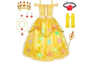 WIKITOT Princess Costume for Girls, Light up Belle Princess Dress up for Girls Aged 3-10, World Book Day Fancy Dress Halloween Costumes for Girls