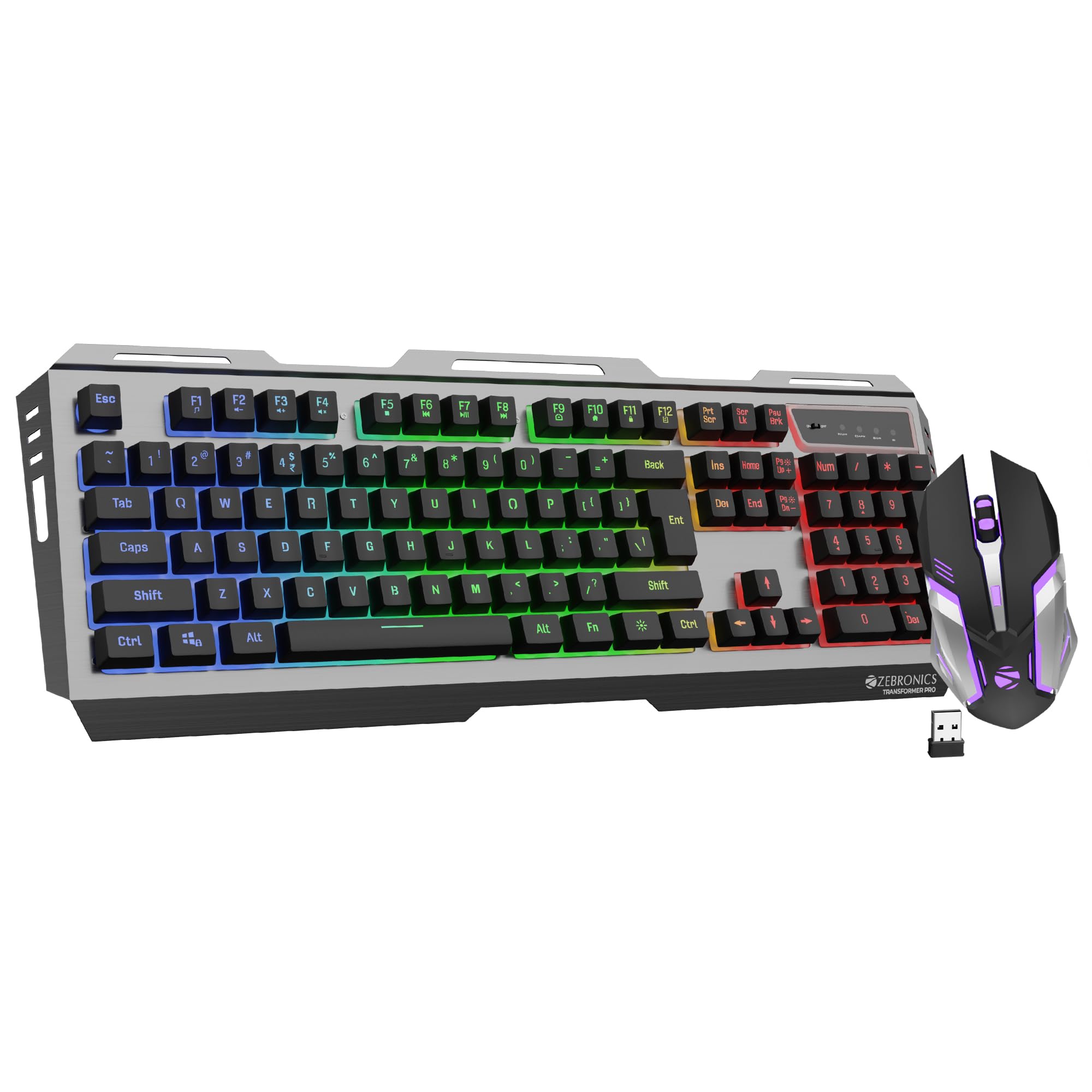 ZEBRONICS Transformer PRO Gaming Wireless Keyboard & Mouse Combo with 2.4GHz, Aluminum Body, Built in Battery, Multicolor LED