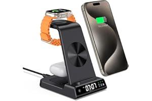 ‎PHELINTA Stacja ładowania dla Apple, Bezprzewodowa ładowarka 3 w 1 z zegarem dla iPhone 15/14/13/12/11/Pro/Pro Max/Plus/SE/XR/XS/X, Stojak ładowania dla Apple Watch Seria 9/8/7/6 (Czarny)