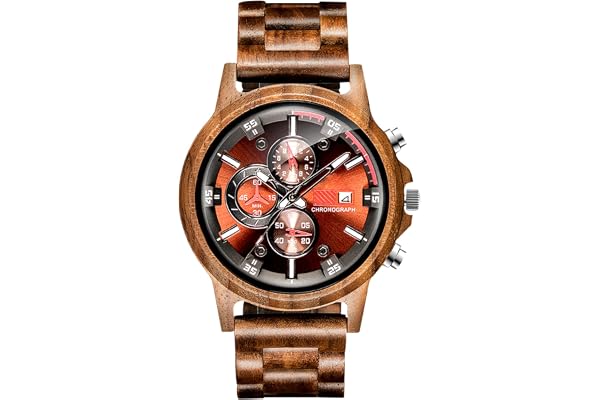 RORIOS Montres Hommes en Bois Naturel Montre à Quartz Horloge Analogique Super Light Chronographe Alarme Date Montres pour Hommes Montre en Bois