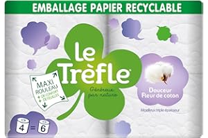 LE TREFLE Le Trèfle Douceur Fleur de coton - Papier toilette - 4 maxi rouleaux = 6 rouleaux classiques –Lotion aux extraits de coton