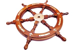 Nagina International Nautical Premium Sailor's Hand Crafted Brass & Wooden Ship Wheel | Luxury Gift Decor | Boat Collectibles (36 Inches, Anchor & Strip)