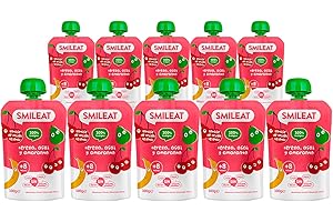 SMILEAT EAT & SMILE Smileat | Pouch de Fruta Ecológica para Niños | Con Puré de Cereza, Açai y Amaranto | Sin Leche, Sin Azúcares y Sin Gluten | Para Bebés a partir de los 8 Meses | Pack de 10 x 100 g | 1000g