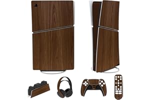playvital Autocollant Protection pour ps5 Slim Console Accessoires,Sticker Skin pour ps5 Manette & Télécommande & Casque & Station de Charge,Digital Edition-Grain de Bois
