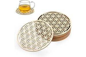 TDUNSYA 10 Pièces Fleur de Vie Dessous de Verre Bois, 10x10cm, sous-Verres en Bois de Bouleau, pour Café, Purification, Méditation