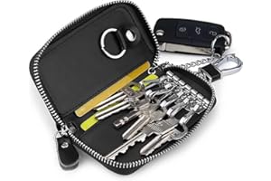 PFLYPF 1 pieza de llavero de cuero de vaca para coche, cartera con cremallera de gran capacidad y gancho, llavero clásico para tarjetas bancarias, llaves (negro)