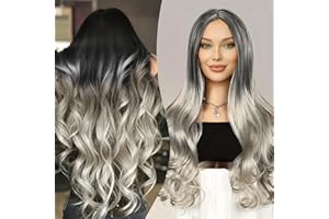 Creamily Long Wavy Curly Grey Wigs for Women Glueless Wavy Curly Wig Synthetic Hair Wig 24 Inches Ombre Gray