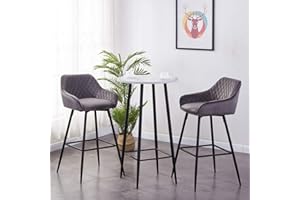AINPECCA Set of 2 Velvet Barstools Fabric Upholstered seat with Backrest & Armrest Black Metal Legs Kitchen Breakfast Bar Stools (Grey, Velvet)