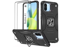 KANSi Hülle für Xiaomi Redmi A1 / Redmi A2, Schutzfolie [2 Stück] Silikon TPU Hart PC Handy Hüllen 360 Grad Drehbar Ringhalter Bumper Stoßdämpfung Schutzhülle - Schwarz
