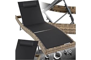 tectake® Chaise Longue Bain de Soleil en Résine Tréssée, Résistant Dossier Inclinable sur 6 positions, Appuie-tête inclus Transat Salon de jardin exterieur Mobilier de Jardin Chaise Longue Relax Plage