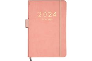 BOXOB Kalendarz Dzienny 2024, 14,8x21,3cm Dziennik z Jedna Strona Dziennie z Harmonogramami Godzinowymi Skórzana Okladka A5 Dzienny Planer Zeszytu z Zakladkami Miesiecznymi (Rózowy)