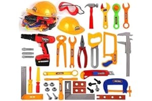 Kidoloop 37+ Pcs Toy Tool Drill Set with Helmet Safety Goggles Saw Hammer Wrench Tape Measure Screw Driver Plier Nails Swrews Pins & More Building Accessories – Chidren Pretend Toys