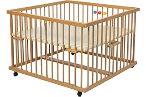 Kidsmax Laufgitter Laufstall David 100x100 Buche natur inkl. Holzkugeln, Polsterboden, Schlupfsprossen, Höhenverstellung und Rollen