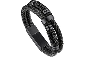 Bandmax Bracciali Uomo Pelle Cuoio Intrecciata, 5 Stili Bracciale Personalizzato con Chiusura Magnetica, 19/21/23 cm Lunga Bussola Vichingo Bracciale Uomo Acciaio, Idee Regalo Uomo Papà Ragazzo