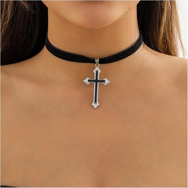 YienDoo Punk Black Cross Velvet Choker Necklace - Vintage Gothic Layered Bead Jewelry For Women - View #6