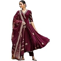GoSriKi Damen Anarkali Kurta Set - Elegantes Weinrot Mit Dupatta & Hose