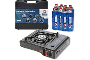 FASEBA Hornillo de camping con 8 cartucho de gas; cocina de gas portátil incluye maletín de transporte y 8 cartuchos de butano BTN 250. Adaptada y homologada. cocina portátil camping, cocina gas cartucho.
