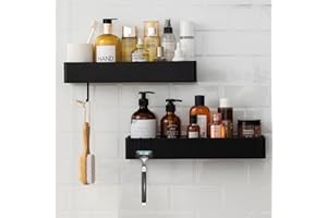 NOSTHEART Etagere Salle de Bain sans Percage, Lot de 2 Etagère Douche Etagère Rangement Acier Inoxy Panier Salle de Bain Mural Drainable avec Crochets