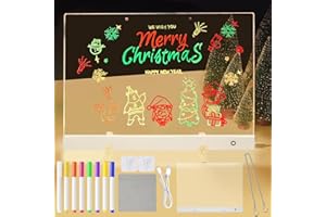 HOSSOM Whiteboard, LED Notiztafel mit Farben, 40x30cm 4 Modi & 6 Colors, Nachrichtentafel mit LED-Leuchten, Acryl Notiztafel mit Ständer, Abwischbar Zeichentafel inkl. 7 Farben Stift, Ketten