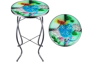 MUMTOP Side Patio Tables-Mosaic Outdoor Side Table - 14’’ Dragonfly and Lotus Glass Accent Round End Table, Plant Stand Indoor Small Coffee Table for Garden or Living Room Decor
