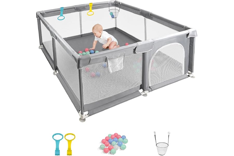 CHOLY Baby Playpen for Babies and Toddlers, Durable Play Pen with Visible Breathable Mesh, Foam Protection, Easy to Assemble Infant Fence -128 ×128cm (Light Grey, 128 x 128cm)