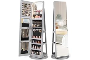 COSTWAY 360° Swivel Jewelry Cabinet, Lockable Jewelry Armoire Storage Unit with Full-Length Mirror & 3-Color Auto-on LED Lights, Home Bedroom Dressing Room Cosmetics Jewellery Organiser (Grey)