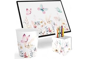 itenga SET Papierkorb Schreibunterlage und Stifteköcher mit Motiv - Papierkorb für Kinder mit Motiv - rund ca. 11 Liter passende Schreibtischunterlage und Schreibtisch Organizer (Motiv Schmetterling)