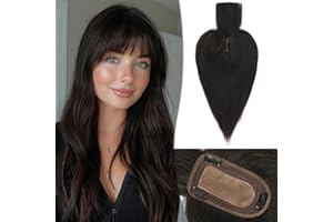 RUWISS Coiffeuse en cheveux humains avec franges Coiffeuse à couronne Postiches pour femmes perruque courte 7.5 * 13CM Base en soie 100% de vrais cheveux humains Clip in Topper 35cm 45g（Naturel Noir）