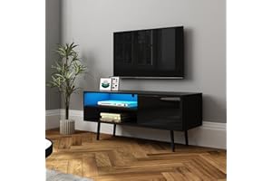 Senvoziii Modern TV Cabinet Led Light Black High Gloss Front TV Stand Unit 110CM with 1 Door 2 Open Shelves TV Units with Wooden Legs for Living Room Bedroom Home Furniture