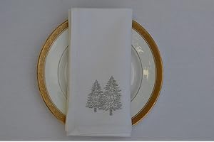 Quayside Home Napkins, 100% Cotton brilliant white with silver embroidered Christmas trees, Pack of 4