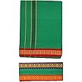 Stylesindia Men's Cotton Colored Single Layer Thalapathy Dhoti with Angavastram (Towel), Green, Free Size