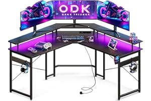 ODK Mesa Gaming con LED, Escritorio Gaming con Enchufes y Puertos USB, Mesa Escritorio Gaming con Soporte para Monitor, Fibra de Carbono Negra, 129x129 cm