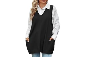 Xnova Women Sweater Vest Loose Swing Knit Sleeveless Jumpers Chunky V-Neck Oversized Knitwear Vintage Waistcoats with Pockets Ladies Tank Tops Stylish Solid Color Pullover