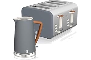 Swan STP2091GRYN, Nordic Kitchen Bundle with 1.7 Litre Jug Kettle and 4 Slice Toaster, Wood Effect Handle, Soft Touch Matte Finish, Slate Grey