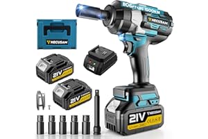 HECUSAM 1500 N.m Battery Impact Wrench, 1/2 Inch Brushless Motor Impact Wrench with Two 4000 mAh Batteries, Quick Charger, 5 Sockets, Rotary Impact Wrench and Case for Home and Car