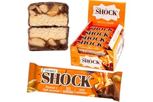 ‎FITNESSHOCK FitnesSHOCK Proteinriegel Set Protein Bar ohne Zusatz von Zucker mit hohem 20% Proteingehalt low carb Fitness Eiweissriegel fast zuckerfrei (1g) ballaststoffreich, Erdnuss-gesalzenes Karamell, 12x50g