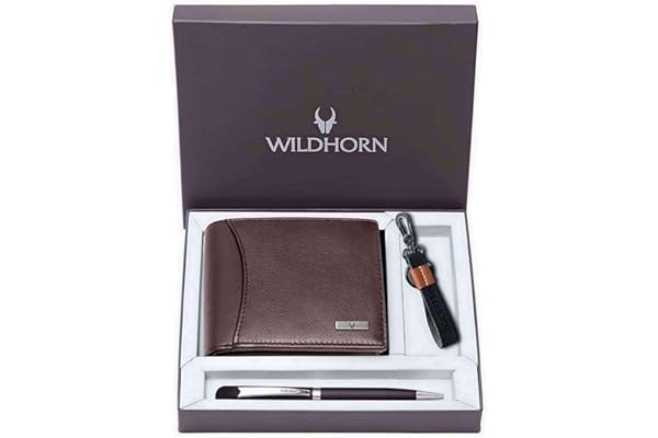 WildHorn Gift Hamper for Men I RFID Protected Leather Wallet, Keychain & Pen Combo Gift Set I Gift for Friend, Boyfriend,Husband,Father, Son etc (Brown M)