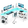 ODK L Shaped Gaming Desk with LED Lights & Power Outlets, 150×102cm Reversible Corner Desk with Storage Shelves, Computer Desks with Monitor Stand, White